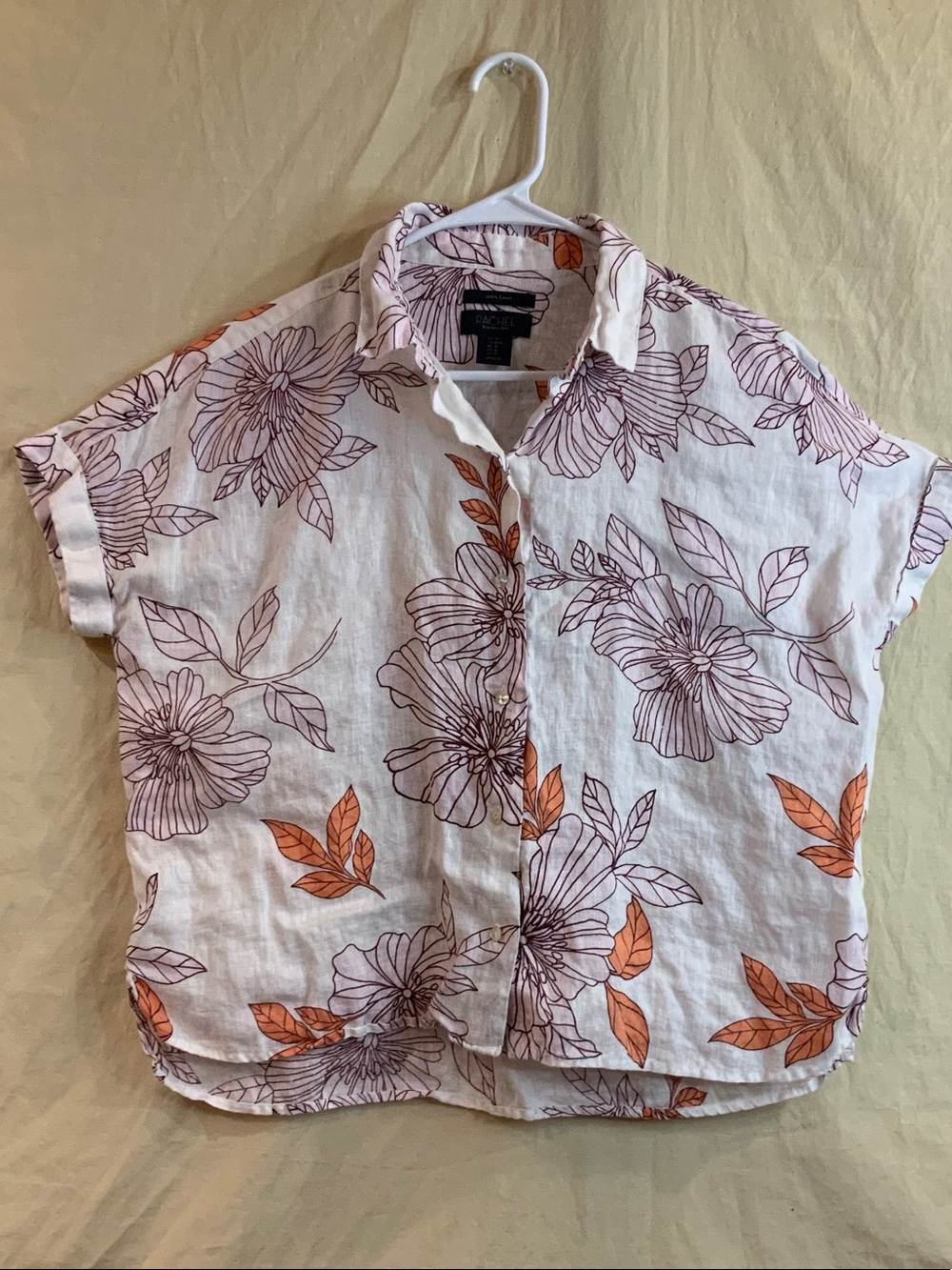 RACHEL Rachel Roy Linen Button-Front Top with Purple Floral & Orange Leaves